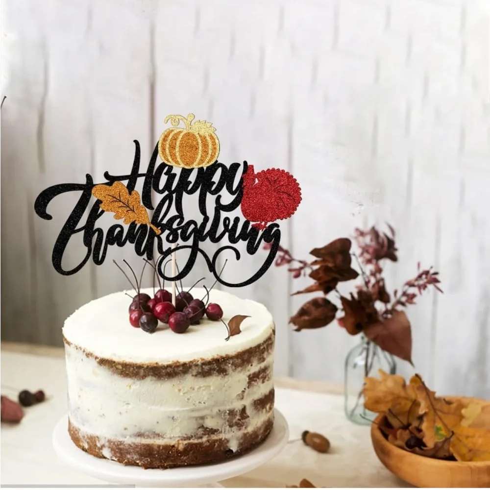 5for$10 Happy Thanksgiving Cake And Pie Topper Maple Leave Pumpkin Glitter Top